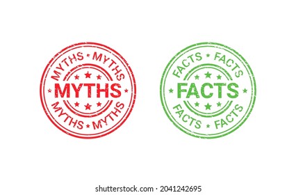 Fact Myth grunge rubber stamps, badges. Truth or false round seal imprints. Vector illustration. Emblems isolated  on white background. Infographic labels. 