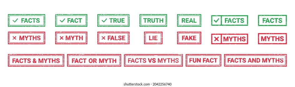 Fact Myth Grunge Rubber Stamps, Badges. Truth Or False Rectangular Seal Imprints. Vector Illustration. Set Green Red Emblems Isolated On White Background. Infographic Labels. 