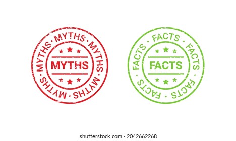 Fact Myth Grunge Rubber Stamps, Badges. Vector Illustration. Truth Or False Seal Imprints. Red Green Emblems Isolated On White Background. Infographic Labels. 