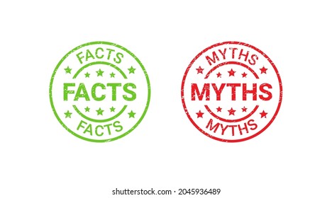 Fact Myth grunge rubber stamps, badges. Vector illustration. Truth or false textured emblems. Red green seal imprints isolated on white background. Infographic labels. Retro round stickers.