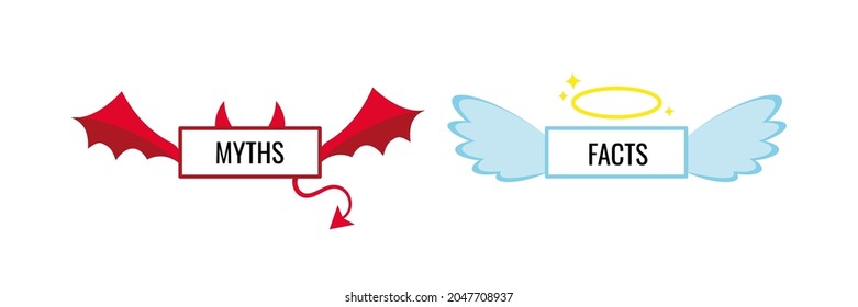 Fact And Myth Icon Vector Set. True Or Fiction Plates With Angel And Demon Accessories Isolated On White Background. Flat Design Cartoon Style Illustration.