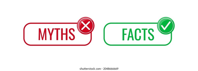 Fact And Myth Icon Vector Set. True Or Fiction With Check Mark And Cross In Circle Button Isolated On White Background. Flat Design Cartoon Style Illustration.