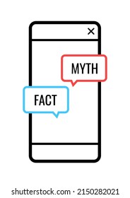 Fact and myth text speech bubble on phone screen. message on mobile phone display - digital device. Payment, order or purchase shopping communication service concept. Flat design vector illustration.