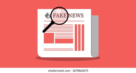 Fact News Template, Editable Vector Illustration. Newspapers On red Background. Debunking, Hoax And Junk News Concept. Magnifying Glass Over Paper. Modern Clean Flat Design