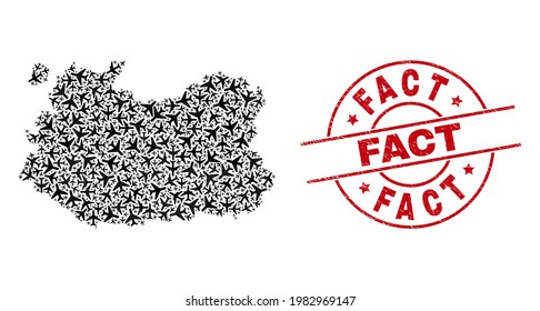 Fact rubber seal, and Ciudad Real Province map collage of aircraft elements. Collage Ciudad Real Province map constructed with jet vehicles. Red stamp with Fact tag, and scratched rubber texture.