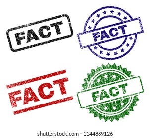 FACT seal imprints with damaged texture. Black, green,red,blue vector rubber prints of FACT tag with scratched texture. Rubber seals with round, rectangle, rosette shapes.
