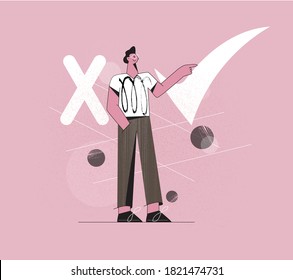 Fact Search Concept With Character. True Vs False Flat Vector Illustration.  Myths And Facts. A Man Makes A Choice Minimalistic Modern Illustration For Web Design, Posters, Cards