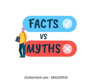 Fact vc Myth poster. Battle of realism and fantasy honest evidence against invented deception and falsehood struggle opposites forgotten values mythical cliches truth against fictional vector lies.