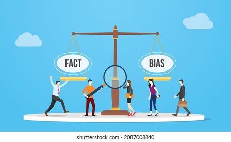 fact vs bias compare with huge scale and people analyze facts around it with modern flat style