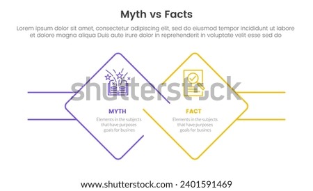 fact vs myth comparison or versus concept for infographic template banner with diamond outline shape and rectangle with two point list information