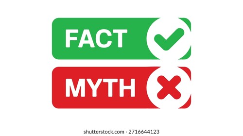 fato vs rótulos de mito com verificação e ícones cruzados, verdadeiro e falso conceito de comparação para conscientização de desinformação, educação, mídia e design de marketing