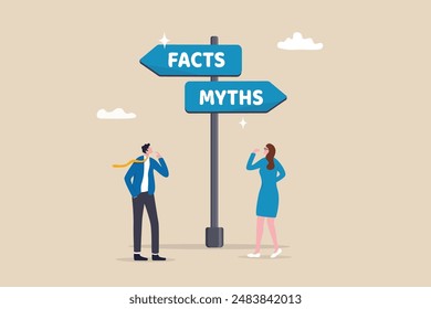 Fact vs Myth, truth or false information to make decision, belief or fiction to choose to believe, trustworthy, fraud or wrong direction concept, business people at Facts vs Myths directional sign.