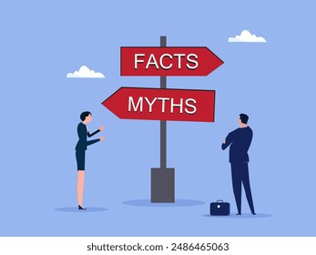 Fact vs Myth, truth or false information to make decision, belief or fiction to choose to believe, trustworthy, fraud or wrong direction concept, business people at Facts vs Myths directional sign.