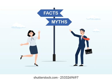 Fact vs Myth, truth or false information to make decision, belief or fiction to choose to believe, trustworthy, fraud or wrong direction concept, business people at Facts vs Myths directional sign