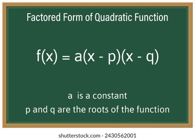 Forma factorizada de una función cuadrática en una pizarra verde. Educación. Ciencia. Fórmula. Ilustración vectorial.