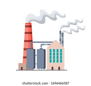 Factori or power plant flat design of vector illustration. Manufactory industrial building refinery factory or Nuclear Power Station. Building big of plant or factory with pipe smoke