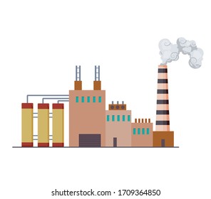 Factori or power plant flat design of vector illustration. Manufactory industrial building refinery factory or Nuclear Power Station. Building big of plant or factory with pipe smoke