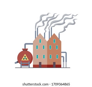 Factori or power plant flat design of vector illustration. Manufactory industrial building refinery factory or Nuclear Power Station. Building big of plant or factory with pipe smoke