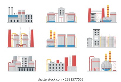 Factories concepts. Industrial buildings and oil gas storages. Factory light and heavy industry. Isolated building with tanks and pipes, decent vector set