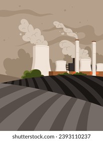 Factories dirty Earth poster. Carbon pollution from plants. Dirt from industrial factory. Graphic element for website. Care about ecology and nature. Cartoon flat vector illustration