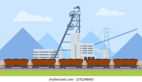 Factories or Industrial Plants, Heavy Industry. Coal Mining. Mining quarry or mine Loading railway wagons with ore or coal. Coal mining. Mine buildings. Industrial loading of coal into railway cars.
