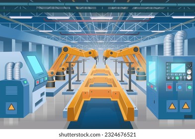 Factories with machine tools and a conveyor. Industrial interior. Smart factory. Industry 4.0. Vector cartoon illustration