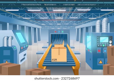 Fábricas con máquinas herramienta y un transportador. Interior industrial. Fábrica inteligente. Industria 4.0. Ilustración de dibujos animados