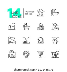 Factories - modern thin line design icons set on white background. High quality black pictograms with different types of plants, pipes, chimneys, equipment, measurement instruments for industries