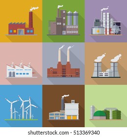 Factories and power plants flat design long shadow vector illustration. Industrial buildings from factory over refinery to Nuclear Power Station
