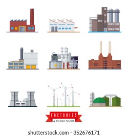 Factories and power plants vector icons. Set of nine flat design industrial buildings vector illustrations