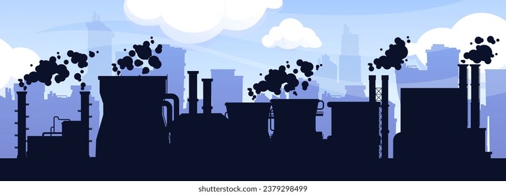 Fondo de silueta de fábricas. Edificios industriales urbanos con chimeneas, refinería, planta química y refinería de petróleo. Panorama de vector de fábrica. Chimeneas y tuberías con contaminación tóxica