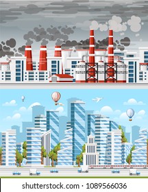 Factories with smoke pipes. Environmental pollution problem. Earth factory pollute with carbon gas. Modern city with clear sky. Concept of choice. Two sides of cities.