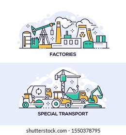 Factories and special transport linear banner template. Power plant and heavy machinery thin line illustrations. Environment contamination, pollution. Construction vehicles, building industry