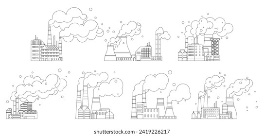 Factories vector illustration. Air pollution, discordant note in symphony progress, challenges environmental harmony Pollution, antagonist in environmental narrative, tests resilience ecosystems