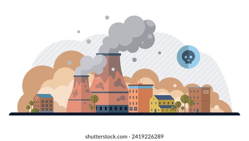 Factories vector illustration. Air pollution, discordant note in symphony progress, challenges environmental harmony Pollution, antagonist in environmental narrative, tests resilience ecosystems