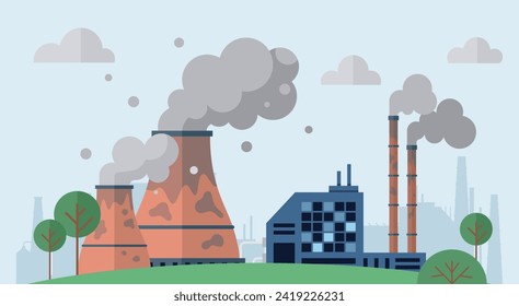 Ilustración vectorial de fábricas. El concepto de las fábricas es novedoso, cada página entregada a la producción y procesamiento de idiomas Edificios de fábrica, progresos centinela, alta contra el trasfondo industrial