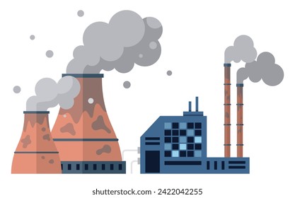 Ilustración vectorial de fábricas. Edificios de fábricas, progreso centinela, se alzan contra el paisaje industrial de fondo. Contaminación del aire, temiendo el progreso de la melodía, resonando a través de la atmósfera.