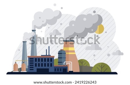 Factories vector illustration. Factories metaphor is dance, each movement step in choreography industrialized creation Industrial buildings, monuments innovation, house treasures technological
