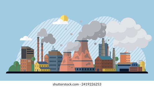 Factories vector illustration. Pollution, disruptor in environmental story, challenges resilience ecosystems Eco-processes, silent stewards, work diligently to offset impact industrialization