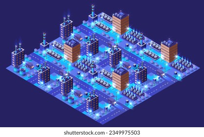 The factories, warehouses industry night, neon, purple smart city 3D ultraviolet set of urban infrastructure isometric buildings