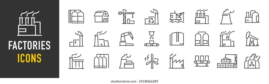 Iconos web de fábricas en estilo de línea. Producción, tecnología, fábrica, potencia industrial, fabricación. Ilustración vectorial.