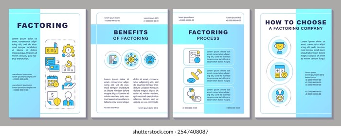 Modelo de folheto de gradiente azul de fatoração. Processo, benefícios. Projeto de folheto com ícones lineares. 4 layouts vetoriais editáveis para apresentação, relatórios anuais