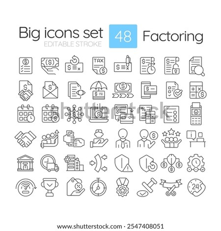 Factoring linear icons set. Invoicing, payment collection, funding, credit protection, and customer service. Customizable thin line symbols. Isolated vector outline illustrations. Editable stroke