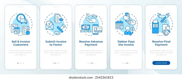 Fases del proceso de factorización pantalla azul del App móvil de incorporación. Instrucciones gráficas editables de 5 pasos con conceptos lineales. PLANTILLA UI, UX, GUI