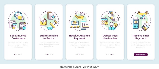 Fases del proceso de factorización incorporando la pantalla del App móvil. Instrucciones gráficas editables de 5 pasos con conceptos lineales. PLANTILLA UI, UX, GUI