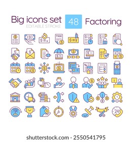 Factoring RGB color icons set. Invoicing, payment collection, funding, credit protection, and customer service. Isolated vector illustrations. Simple filled line drawings collection. Editable stroke