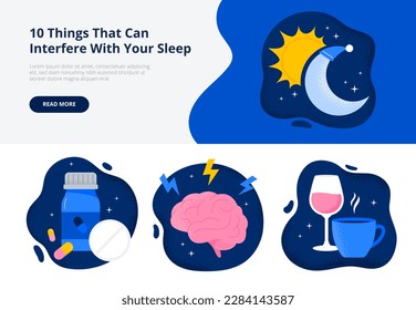 Factors affect sleep quality. Medications, stress, alcohol and caffeine before sleep. Trendy flat vector illustrations for web banner or landing page.