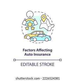 Factors affecting auto insurance concept icon. Car financial protection requirements abstract idea thin line illustration. Isolated outline drawing. Editable stroke. Arial, Myriad Pro-Bold fonts used
