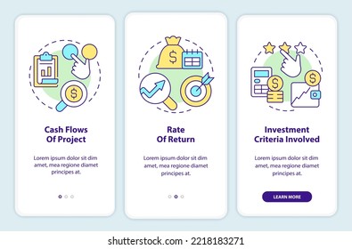 Factors affecting investment decisions onboarding mobile app screen. Walkthrough 3 steps editable graphic instructions with linear concepts. UI, UX, GUI template. Myriad Pro-Bold, Regular fonts used