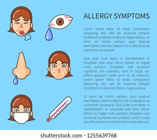 Factors of allergy symptoms problem infographic. Vector cough, runny nose, watery eyes, temperature and rash. Information poster with text and character